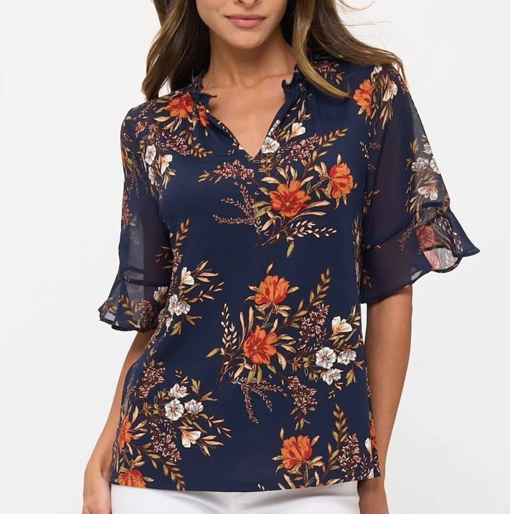 Floral Navy Blouse with Ruffle Sleeves - Picture 2 of 3